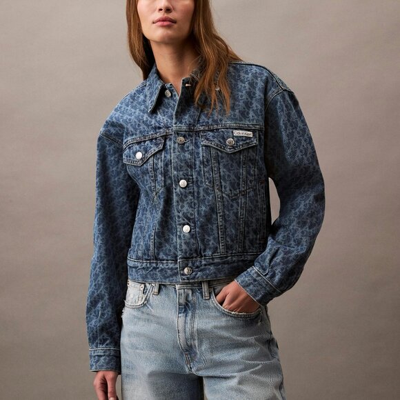 Calvin Klein 90s Logo Monogram Denim Jacket - Dark/Blue - Picture 1 of 2